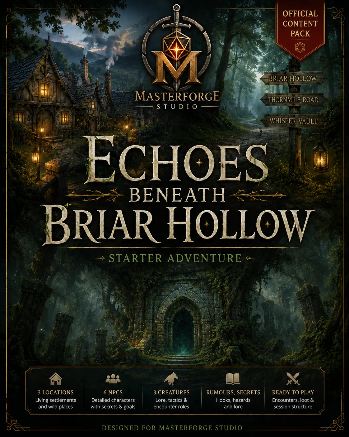 Echoes Beneath Briar Hollow MasterForge Studio content pack featuring Briar Hollow, Thornmile Road and Whisper Vault.